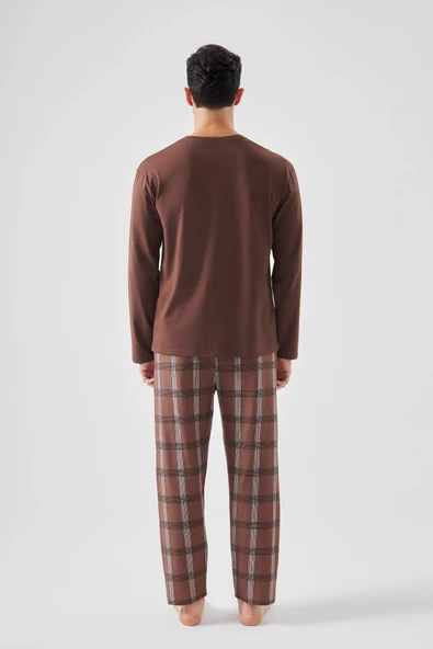Erkek Pamuklu Uzun Kollu Ekose Desenli Pijama Takımı - Resim 3