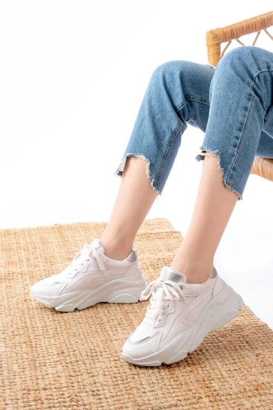 SP-149 Beyaz Gümüş Bağcıklı Fileli Günlük Spor Ayakkabı - Resim 2