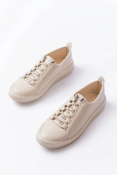 MK-9026 Bej Bağcıklı  Taş Aksesuarlı Günlük Spor Ayakkabı - Resim 5