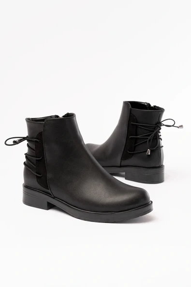 165-209 Siyah Arka Bağcık Aksesuarlı Fermuarlı Günlük Kadın Bot - Resim 3