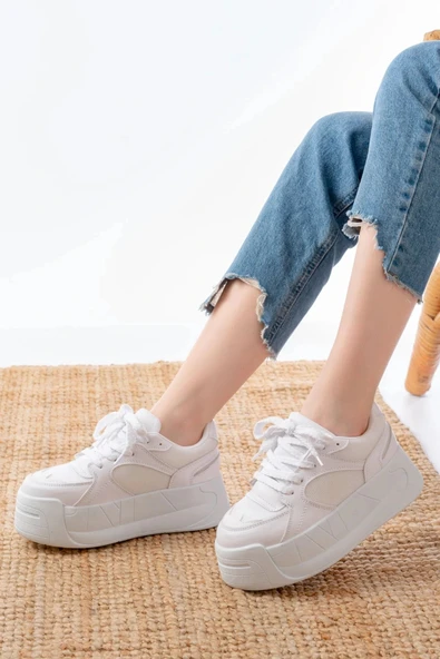 SP-190 Beyaz Garni Bağcıklı Fileli Yüksek Taban Günlük Spor Ayakkabı - Resim 3