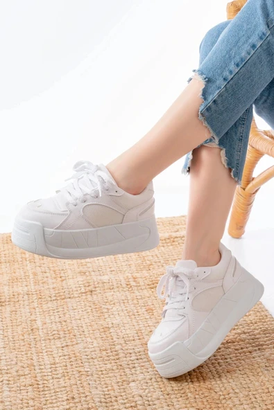 SP-190 Beyaz Garni Bağcıklı Fileli Yüksek Taban Günlük Spor Ayakkabı - Resim 5