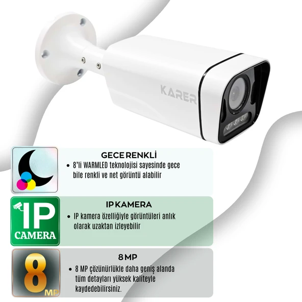 KR-IPC-B281-8W 8MP Metal Kasa Sesli Kayıtlı Gece Renkli Ip Güvenlik Kamerası - 3