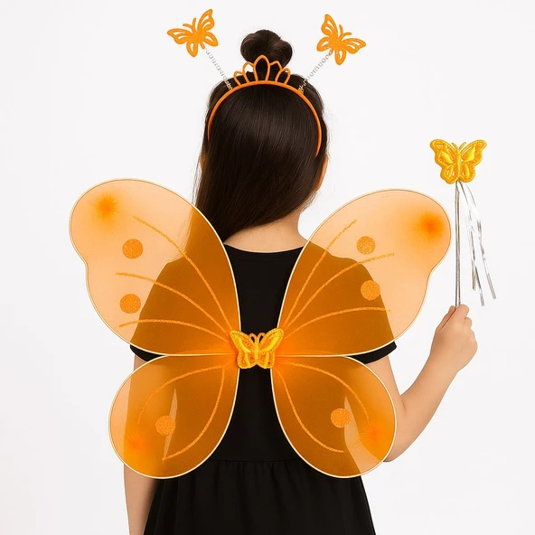 Turuncu Kelebek Kız Seti – 50 cm Kelebek Kanadı, Taç ve Asa ürün görseli