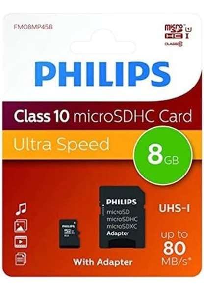 Philips Fm08mp45b/00 8gb Class10 Uhs-ı U1 Tf Adaptörlü Micro Sdhc Hafıza Kartı ürün görseli