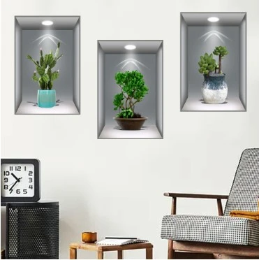 3D Çiçek Vazo Duvar Sticker 3 lü Set GRİ Fon - Resim 2