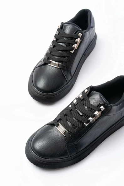 P-910 Siyah Bağcıklı Taban Dikişli Günlük Kadın Spor - Resim 4