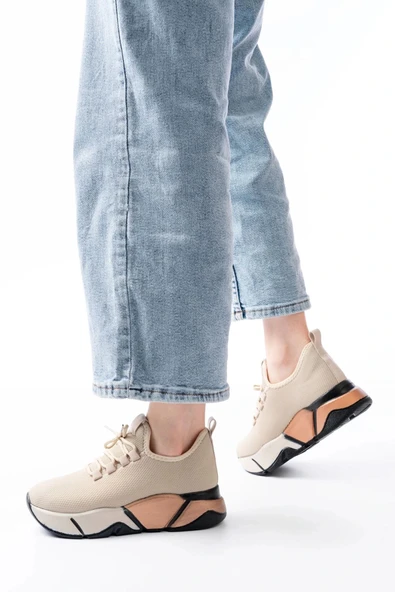 RS-400  Bej Bağcıklı Fileli Renkli Taban Günlük Kadın Spor ürün görseli 1