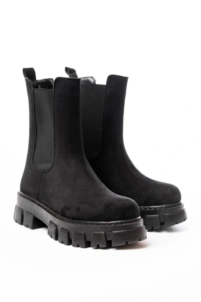 FZ-299 Siyah Süet Yüksek Tabanlı Lastikli Günlük Kadın Bot - Resim 3
