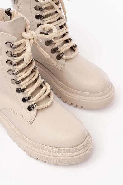 812-2121 Bej Bağcıklı Fermuarlı Günlük Kadın Bot - Resim 4