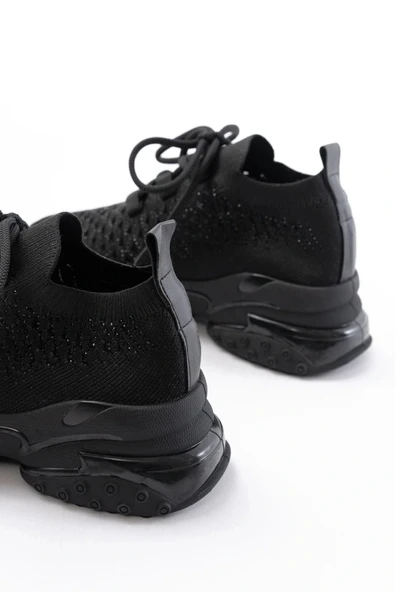 SP-2024 Siyah Günlük Bağcıklı Fileli Taş Aksesuarlı Kadın Spor Ayakkabı - Resim 5