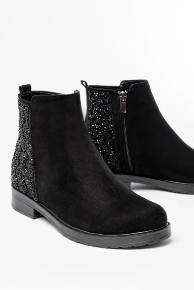 165-212 Siyah Süet Taş Aksesuarlı Fermuarlı Günlük Kadın Bot - Resim 5