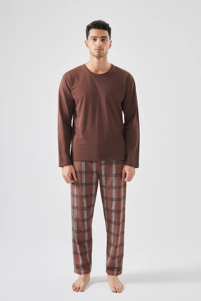 Erkek Pamuklu Uzun Kollu Ekose Desenli Pijama Takımı - Resim 2