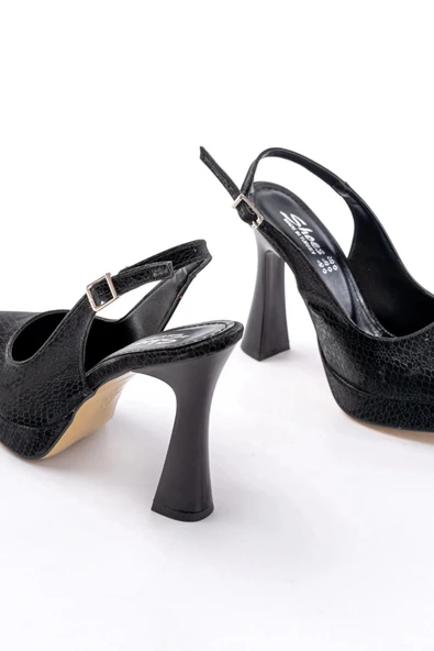 B-2101 Siyah Günlük Arkası Açık Yılan Desenli Topuklu Bayan Ayakkabı - Resim 5