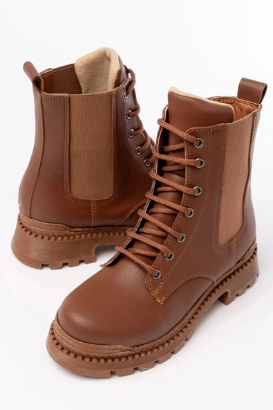 2051-298 Taba Düz Topuklu Bağcıklı Lastikli Günlük Kadın Bot ürün görseli 1