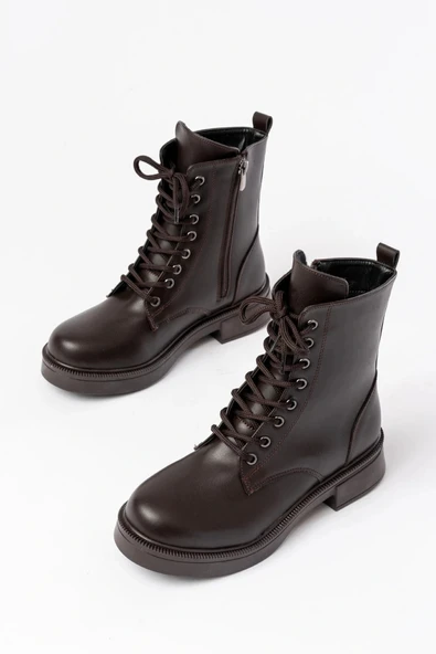 02-356 Kahve Düz Topuklu Bağcıklı Fermuarlı Günlük Kadın Bot - Resim 3