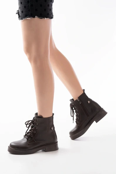 02-2003 Kahve Cilt Bağcıklı Fermuarlı Günlük Kadın Bot - Resim 2