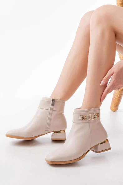 RM-502 Bej Toka Aksesuarlı Topuklu Fermuarlı Günlük Kadın Bot - Resim 2