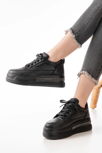 FLN-1999 Siyah Bağcıklı Taban Taş Aksesuarlı Günlük Spor Ayakkabı - Resim 3