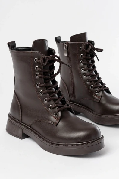 02-356 Kahve Düz Topuklu Bağcıklı Fermuarlı Günlük Kadın Bot - Resim 5