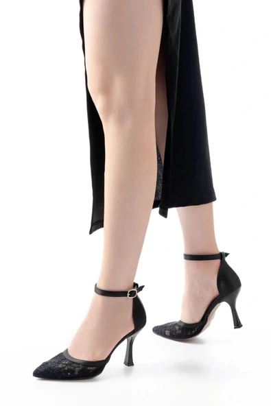 K-404 Siyah Fileli Çiçek Detaylı  Kadın Topuklu Ayakkabı - Resim 2