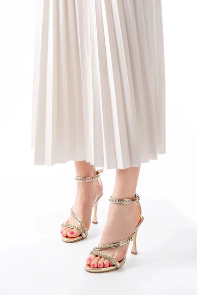 A-20 Gold Taşlı Vivet Platformlu Topuklu Kadın Ayakkabı - Resim 4