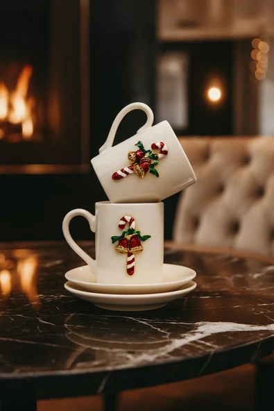 Yeni Yıl Özel 2'li Porselen Türk Kahvesi Fincan Takımı| Yılbaşı Konseptli Şeker Baston Detaylı - Resim 2