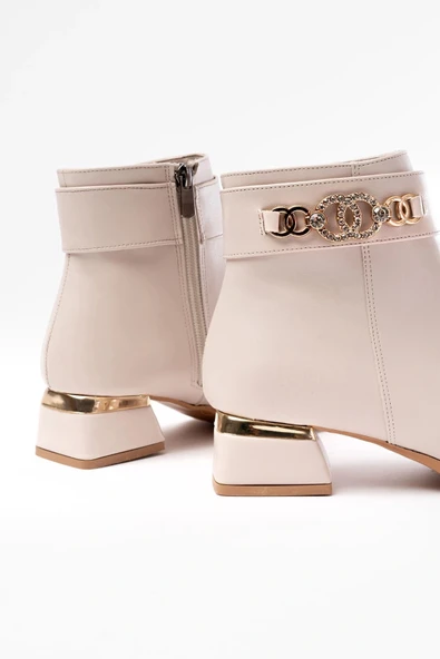 RM-502 Bej Toka Aksesuarlı Topuklu Fermuarlı Günlük Kadın Bot - Resim 4