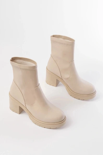 767-3040 Bej Günlük Kalın Topuklu Kadın Bot - Resim 3