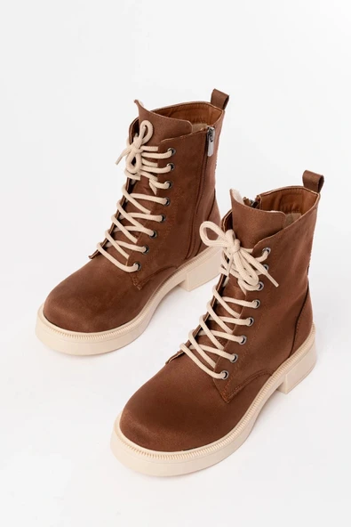 02-356 Taba Süet Düz Topuklu Bağcıklı Fermuarlı Günlük Kadın Bot - Resim 3