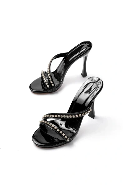 A-60 Kadın Siyah Gümüş Taşlı Platformlu Topuklu Terlik - Resim 3