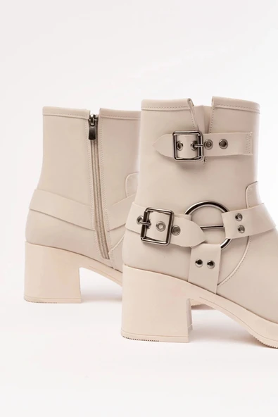 5109-3028 Bej Toka Aksesuarlı Fermuarlı Topuklu Günlük Kadın Bot - Resim 4