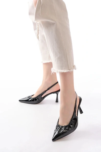 İNF-40451 Siyah Kırışık Rugan Günlük Arkası Açık Topuklu Bayan Ayakkabı ürün görseli 1