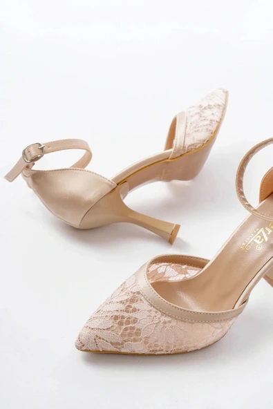 K-404 Bej Fileli Çiçek Detaylı  Kadın Topuklu Ayakkabı - Resim 5