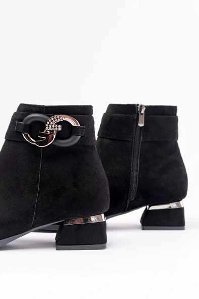 RM-504 Siyah Süet Toka Aksesuarlı Topuklu Fermuarlı Günlük Kadın Bot - Resim 4