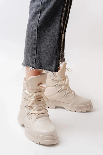 ASM-083 Bej Bağcıklı Su Geçirmez Kadın Kar Botu - Resim 2