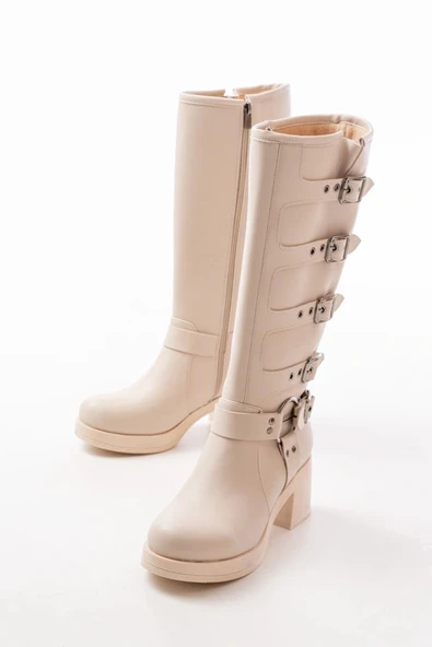 5109-3015 Bej Topuklu Fermuarlı Toka Aksesuarlı Günlük Kadın Çizme - Resim 3