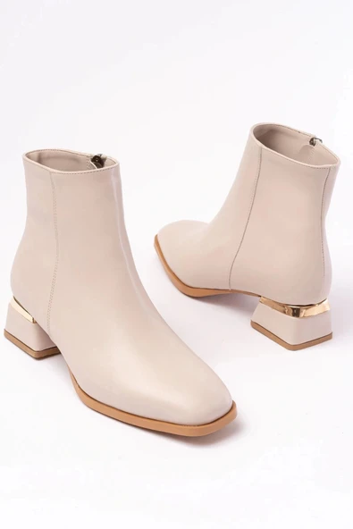 RM-500 Bej Topuklu Fermuarlı Günlük Kadın Bot - Resim 3