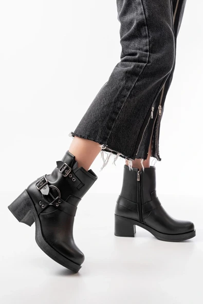 5109-3028 Siyah Toka Aksesuarlı Fermuarlı Topuklu Günlük Kadın Bot - Resim 2