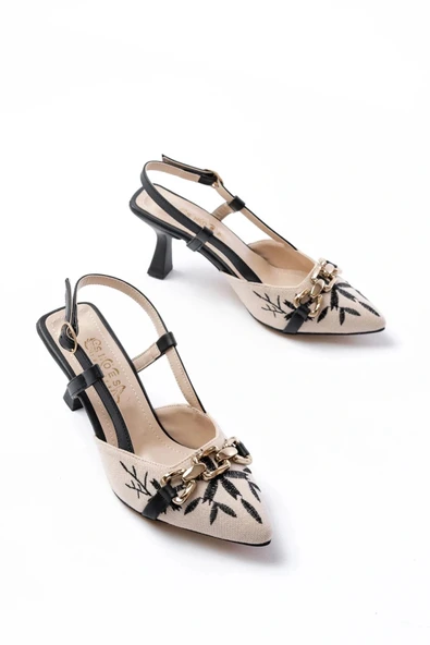 K-250 Siyah Keten Günlük Arkası Açık Tokalı Topuklu Kadın Ayakkabı - Resim 3