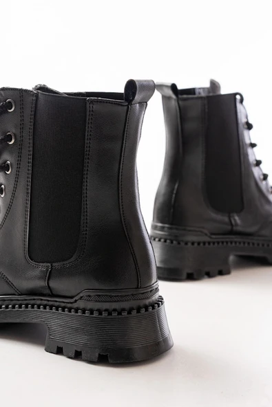 2051-298 Siyah Cilt Düz Topuklu Bağcıklı Lastikli Günlük Kadın Bot - Resim 4