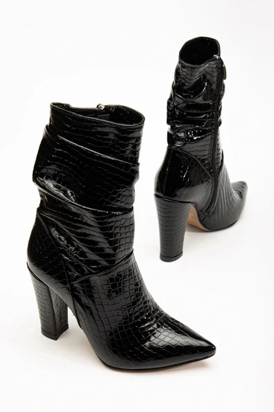VRT-4815 Siyah Kroko Yüksek Kalın Topuklu Körüklü Fermuarlı Kadın Bot - Resim 3