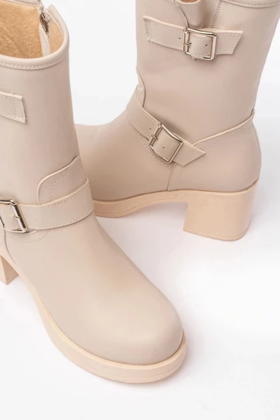 5109-3043 Bej Toka Aksesuarlı Fermuarlı Kalın Topuklu Günlük Kadın Bot - Resim 3