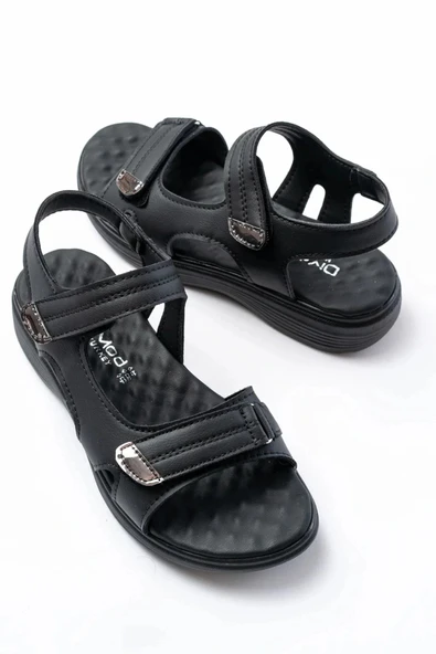 DM-363  Siyah Baret Cırtlı Dikişli Günlük Kadın Sandalet - Resim 4