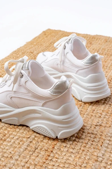 SP-149 Beyaz Gümüş Bağcıklı Fileli Günlük Spor Ayakkabı - Resim 5