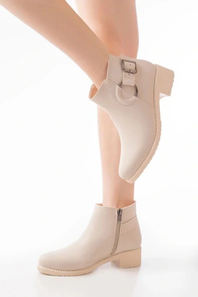 270-3030 Bej Toka Aksesuarlı Fermuarlı Günlük Kadın Bot - Resim 3