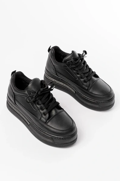 FLN-1999 Siyah Bağcıklı Taban Taş Aksesuarlı Günlük Spor Ayakkabı - Resim 4