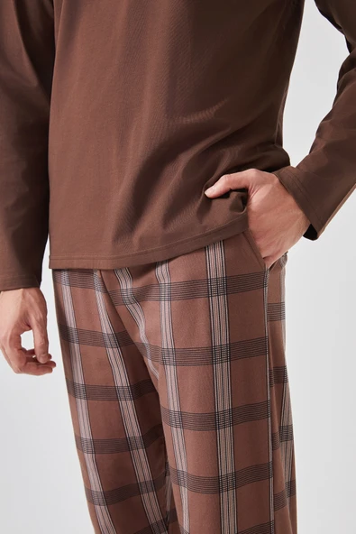 Erkek Pamuklu Uzun Kollu Ekose Desenli Pijama Takımı - Resim 5