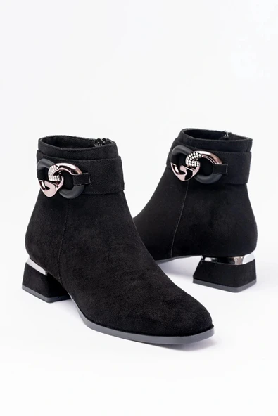 RM-504 Siyah Süet Toka Aksesuarlı Topuklu Fermuarlı Günlük Kadın Bot ürün görseli 1