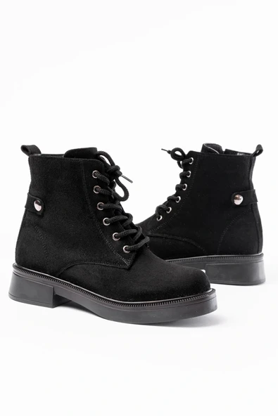 02-2003 Siyah Süet Bağcıklı Fermuarlı Günlük Kadın Bot - Resim 5